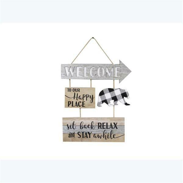 Youngs Wood Bear Welcome Sign with Buffalo Plaid & Happy Place 21154